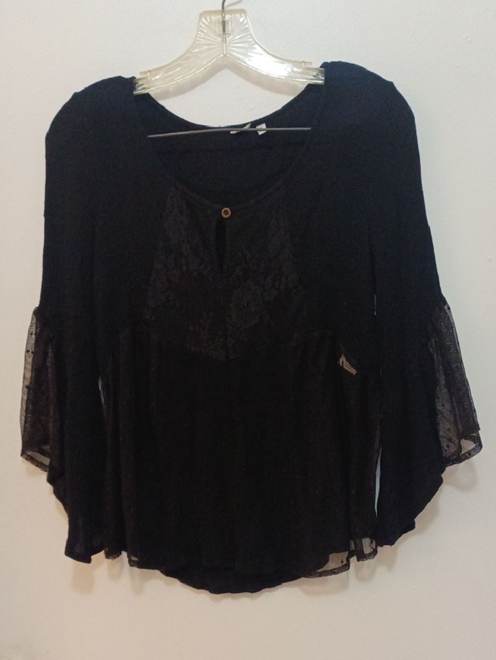 Pretty Black Lace-Accent Long Sleeve Women's Blouse. Vintage Look.
